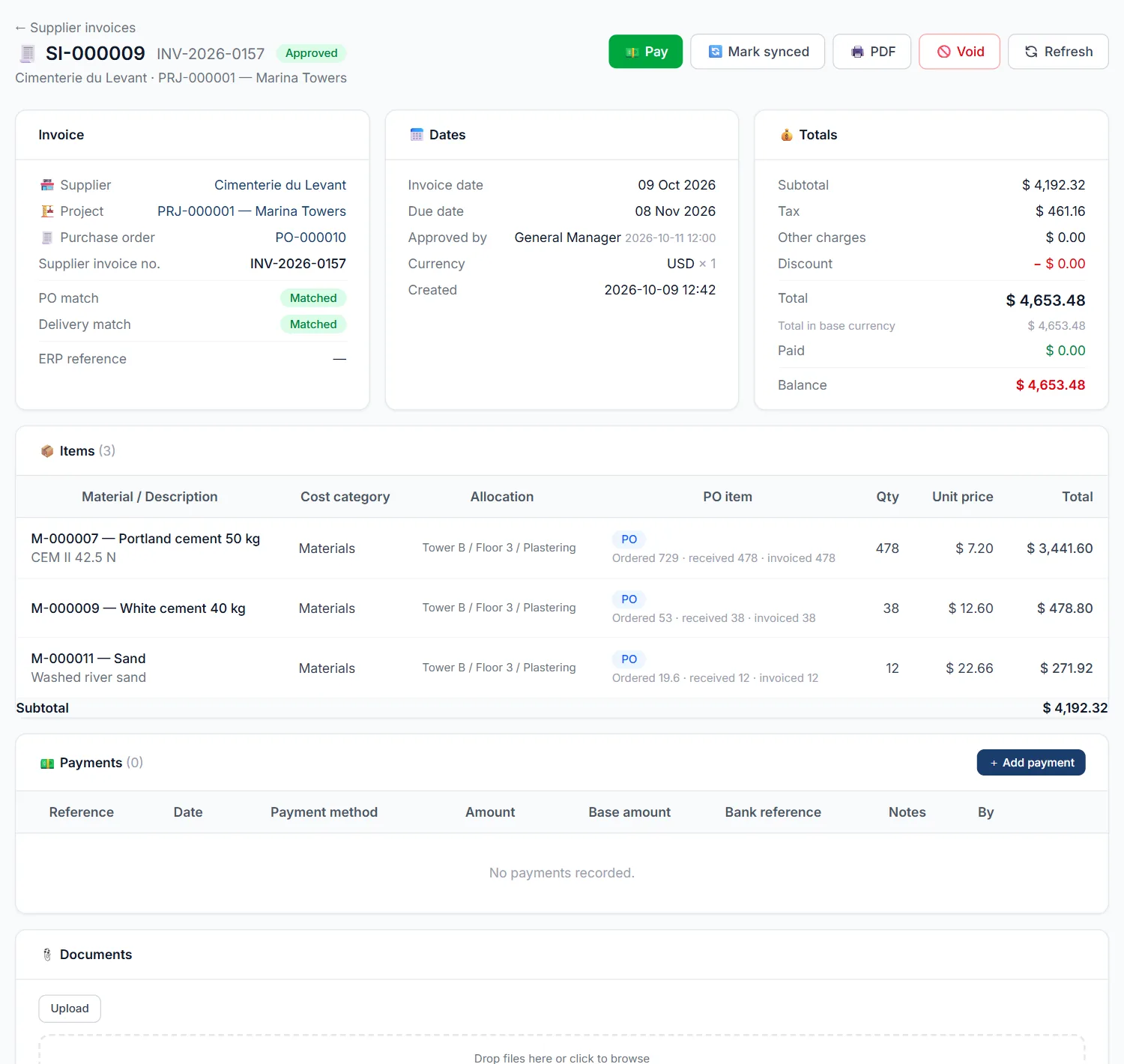 Supplier invoice with three-way match