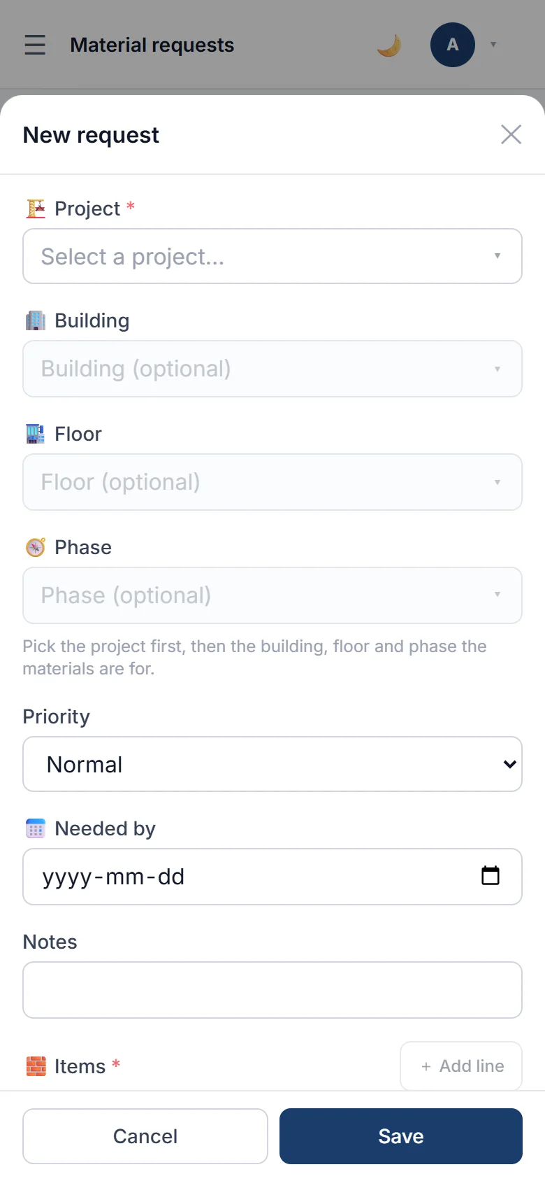 Material request form on a phone